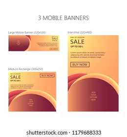 Three banners for mobile phone. Large mobile banner, medium rectangle, interstitial. Eps 10
