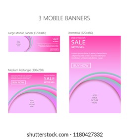 Three banners for mobile phone. Large mobile banner, medium rectangle, interstitial. Eps 10