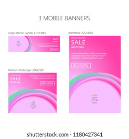 Three banners for mobile phone. Large mobile banner, medium rectangle, interstitial. Eps 10