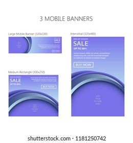 Three banners for mobile phone. Large mobile banner, medium rectangle, interstitial. Eps 10