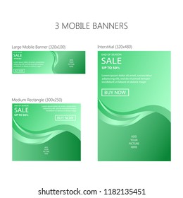 Three banners for mobile phone. Large mobile banner, medium rectangle, interstitial. Eps 10