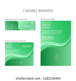 Three banners for mobile phone. Large mobile banner, medium rectangle, interstitial. Eps 10