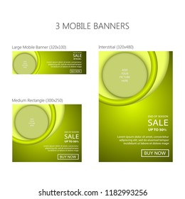 Three banners for mobile phone. Large mobile banner, medium rectangle, interstitial. Eps 10