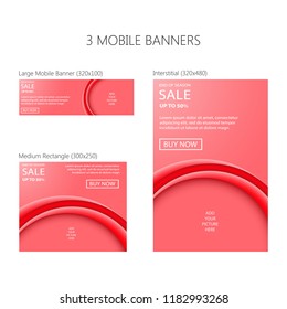 Three banners for mobile phone. Large mobile banner, medium rectangle, interstitial. Eps 10