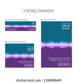 Three banners for mobile phone. Large mobile banner, medium rectangle, interstitial. Eps 10
