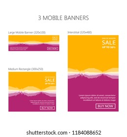 Three banners for mobile phone. Large mobile banner, medium rectangle, interstitial. Eps 10