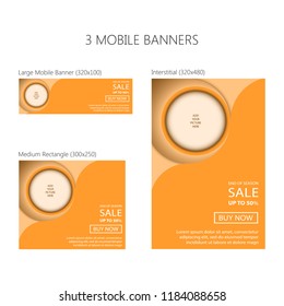 Three banners for mobile phone. Large mobile banner, medium rectangle, interstitial. Eps 10