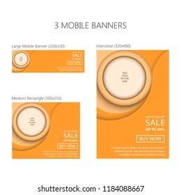 Three banners for mobile phone. Large mobile banner, medium rectangle, interstitial. Eps 10