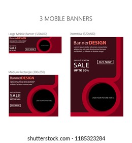 Three banners for mobile phone. Large mobile banner, medium rectangle, interstitial. Eps 10