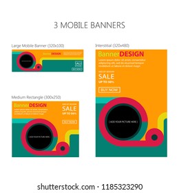Three banners for mobile phone. Large mobile banner, medium rectangle, interstitial. Eps 10