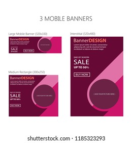 Three banners for mobile phone. Large mobile banner, medium rectangle, interstitial. Eps 10