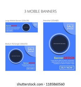 Three banners for mobile phone. Large mobile banner, medium rectangle, interstitial. Eps 10