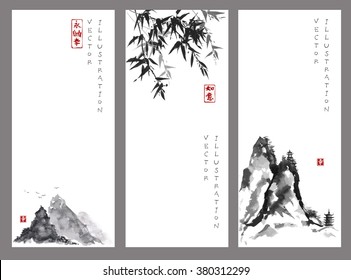 Three banners with mountains and bamboo in traditional Japanese ink painting sumi-e style. Contains hieroglyphs - happiness, dreams come true, eternity, freedom