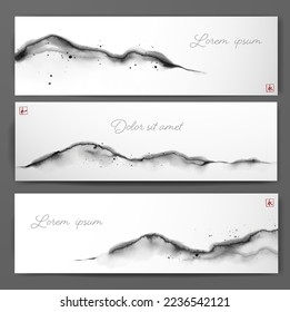 Three banners with mountains in simple and clean oriental minimalist style. Traditional Japanese ink wash painting sumi-e. Translation of hieroglyphs - eternity, harmony.