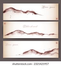 Three banners with mountains in simple and clean oriental minimalist style. Traditional oriental ink painting sumi-e, u-sin, go-hua. Vintage style. Translation of hieroglyphs - eternity, harmony.