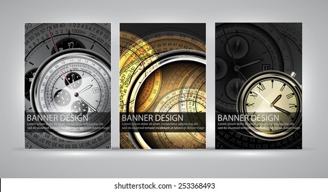 three banners on the theme of hours and time