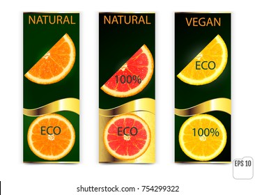 Three banners with oranges and lemon on a white background. vector