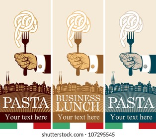 three banners with pasta on fork in hand