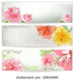 Three banners with peonies. Hand drawn floral banner.