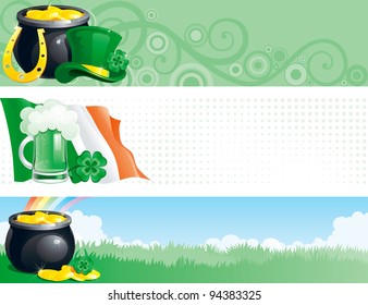 " Three banners of pot with gold coins,  horseshoe, leprechaun hat, clover, irish flag, cup of green beer and rainbow