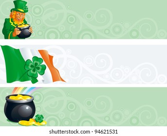 Three banners of pot with gold coins,   leprechaun, clover, irish flag for St. Patrick's Day