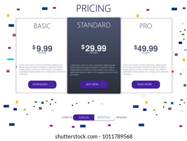 Three banners. Pricelist, hosting plans and web design boxes of banners. Banners for tariffs and price lists. Web elements. Plan the hosting. design for a web application.