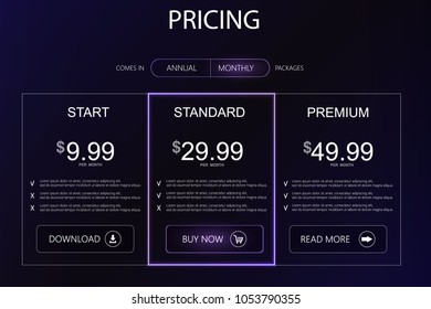 Three banners. Pricelist, hosting plans and web design boxes of banners. Banners for tariffs and price lists. Web elements. Plan the hosting. design for a web application.