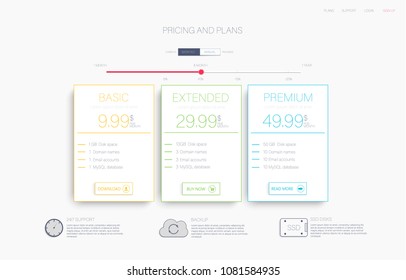 Three banners. Pricelist, hosting plans and web design boxes of banners. Banners for tariffs and price lists. Web elements. Plan the hosting. design for a web application.