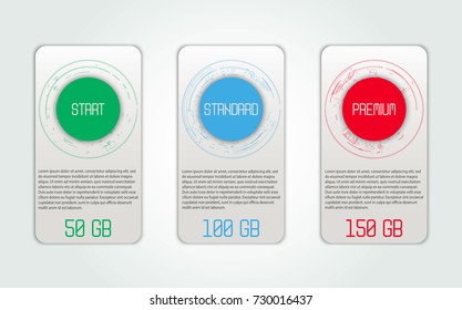 Three banners. Pricelist, hosting plans and web design boxes of banners. Banners for tariffs and price lists. Web elements. Plan the hosting. design for a web application.