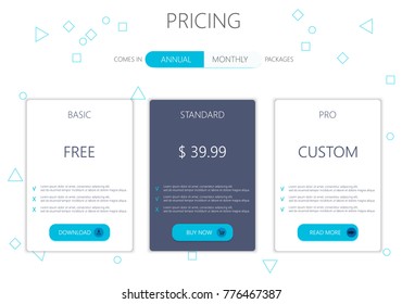 Tres banderas. Lista de precios, planes de alojamiento y cajas de diseño web de banners. Carteles para tarifas y listas de precios. Elementos Web. Planifique el alojamiento. diseño para una aplicación web.