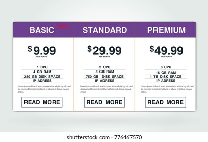 Three banners. Pricelist, hosting plans and web design boxes of banners. Banners for tariffs and price lists. Web elements. Plan the hosting. design for a web application.Purple colors