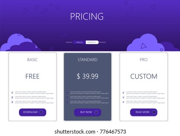 Three banners. Pricelist, hosting plans and web design boxes of banners. Banners for tariffs and price lists. Web elements. Plan the hosting. design for a web application.Purple colors