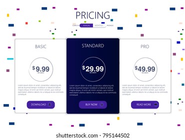 Three banners. Pricelist, hosting plans and web design boxes of banners. Banners for tariffs and price lists. Web elements. Plan the hosting. design for a web application.purple colors