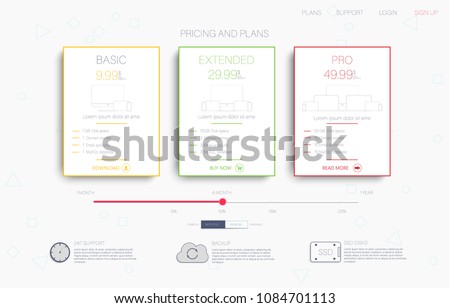 Three banners. Pricelist, hosting plans and web design boxes of banners. Banners for tariffs and price lists. Web elements. Plan the hosting. design for a web application.