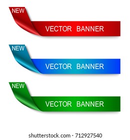 Three banners of red, blue and green on a white background. Vector abstract ribbon banner. A set of banners for advertising and design.Vector label ribbons tag.Three tapes.Vector illustration.
