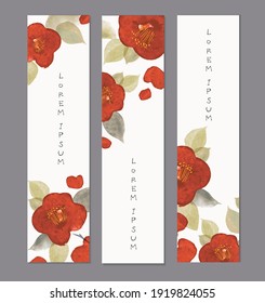 Three banners with red japanese camelia flowers with place for your text. Traditional Japanese ink wash painting sumi-e