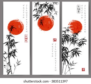 Three banners with red sun and bamboo trees. Vector illustration. Traditional Japanese ink painting sumi-e. Contains hieroglyphs - eternity, freedom, happiness