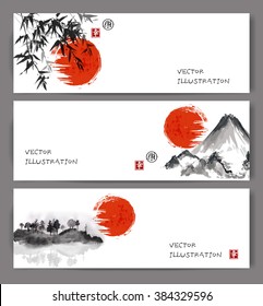 Three banners with red sun, bamboo, mountains and island with trees. Traditional Japanese ink painting sumi-e. Contains hieroglyphs - happiness, luck