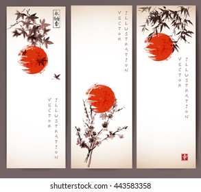 Tres banderas con sol rojo, arce, bambú y sakura oriental de cerezo en flor sobre fondo vintage. Tinta tradicional japonesa pintando sumi-e. Contiene jeroglíficos - eternidad, libertad, felicidad