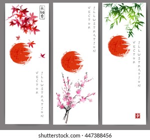 Three banners with red sun, maple, bamboo and oriental cherry sakura in blossom. Traditional Japanese ink painting sumi-e on white background. Contains hieroglyph - happiness.