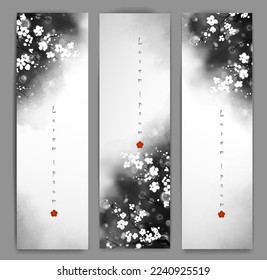 Three banners with sakura cherry flowers on dark background with place for your text. Traditional oriental ink painting sumi-e, u-sin, go-hua