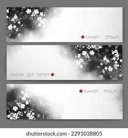 Three banners with sakura cherry flowers on dark background with place for your text. Traditional oriental ink painting sumi-e, u-sin, go-hua