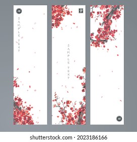 Tres pancartas con flores de sakura sobre fondo blanco. Tinta oriental tradicional sumi-e, u-sin, go-hua. Hieroglífico - felicidad, zen.