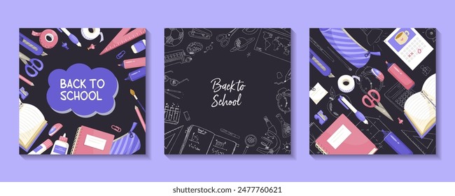 Three banners with school supplies and Back to School text on a dark background. Vector illustration