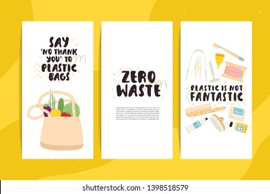 tres banderas conjunto de ilustraciones del concepto basura cero con diferentes alternativas ecológicas: bolsa ecológica, productos de baño. Cero desperdicios de banners escritos a mano. Ilustración vectorial plana.