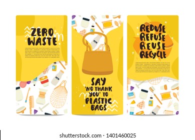 three banners set of zero waste concept illustrations with different eco alternatives for kitchen, bathroom and everyday life. Flat vector illustration.