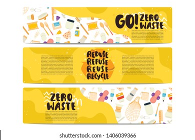 three banners set of zero waste concept illustrations with different eco alternatives for kitchen, bathroom and everyday life and motivational quotes. Flat vector illustration.