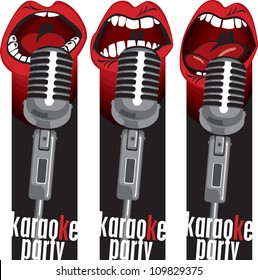 three banners with singing into a microphone mouths