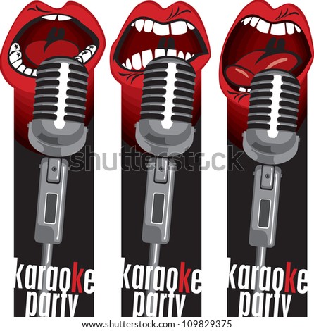 three banners with singing into a microphone mouths