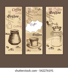Three banners with sketch of coffee set on old paper background for design